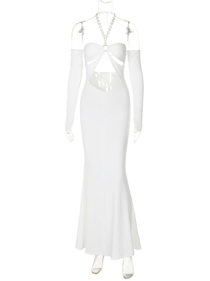 Off shoulder halter o ring hollow out metal chain cut out maxi dress