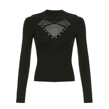 Long sleeve cross front hollow out fishnet patchwork cut out top
