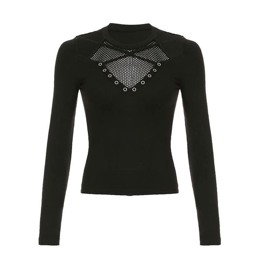 Long sleeve cross front hollow out fishnet patchwork cut out top