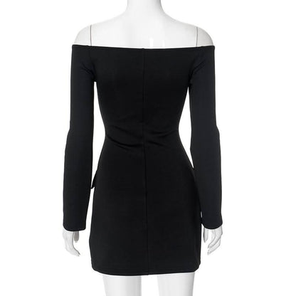 Off shoulder long sleeve button hollow out cut out mini dress