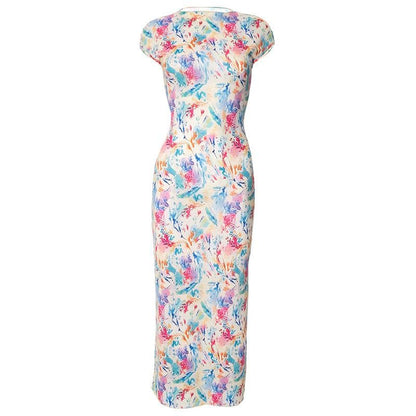 Cap sleeve print slit crewneck midi dress