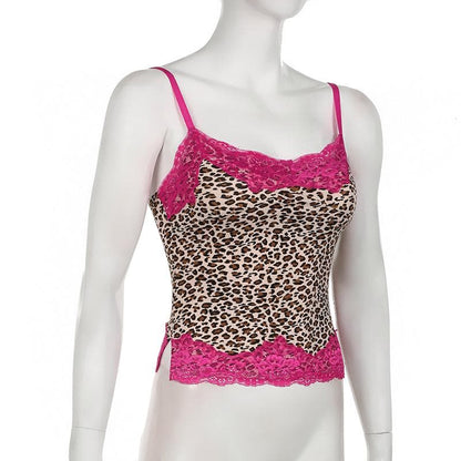 Leopard print lace hem slit cami top