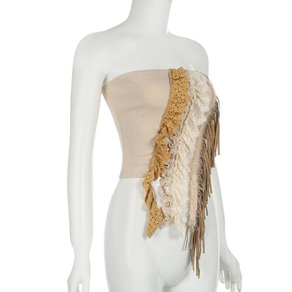 Lace hem backless tassels ruffle tube top