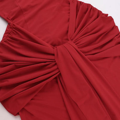 Off shoulder ruched knotted zip-up maxi dress