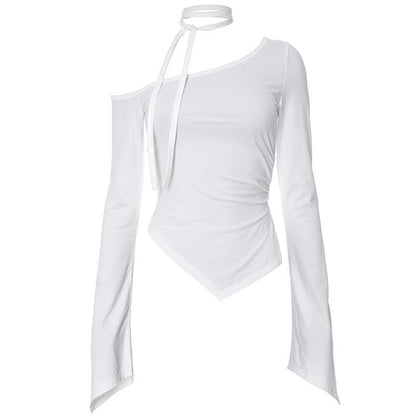 Long flared sleeve off shoulder ruched irregular top