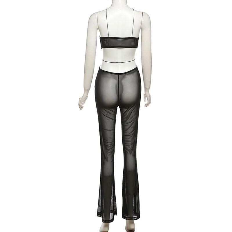 Sheer mesh solid ruffle see through cross front jumpsuit-final-sale