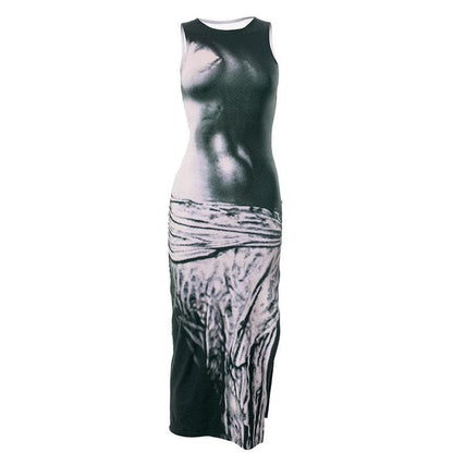 Crew Neck Contrast Graphic Print Side Slit Bodycon Maxi Dress