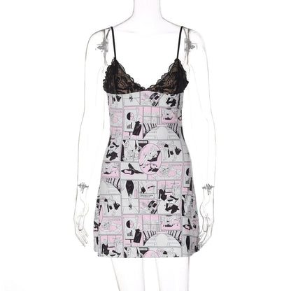 V neck abstract lace cami mini dress
