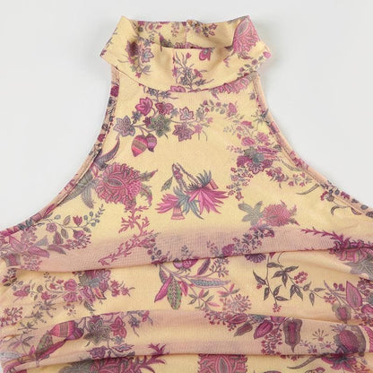 Halter button backless print ruched top