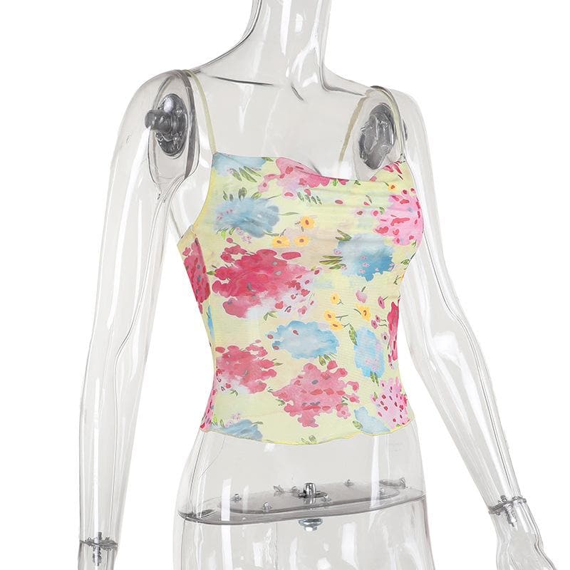 Cowl neck flower print sheer mesh cami top