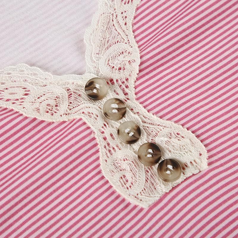 Short sleeve lace hem striped print button top