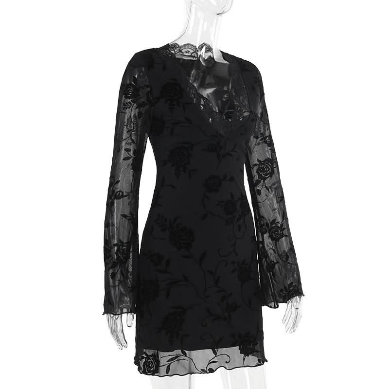 V neck long sleeve flower pattern mesh mini dress