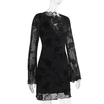 V neck long sleeve flower pattern mesh mini dress