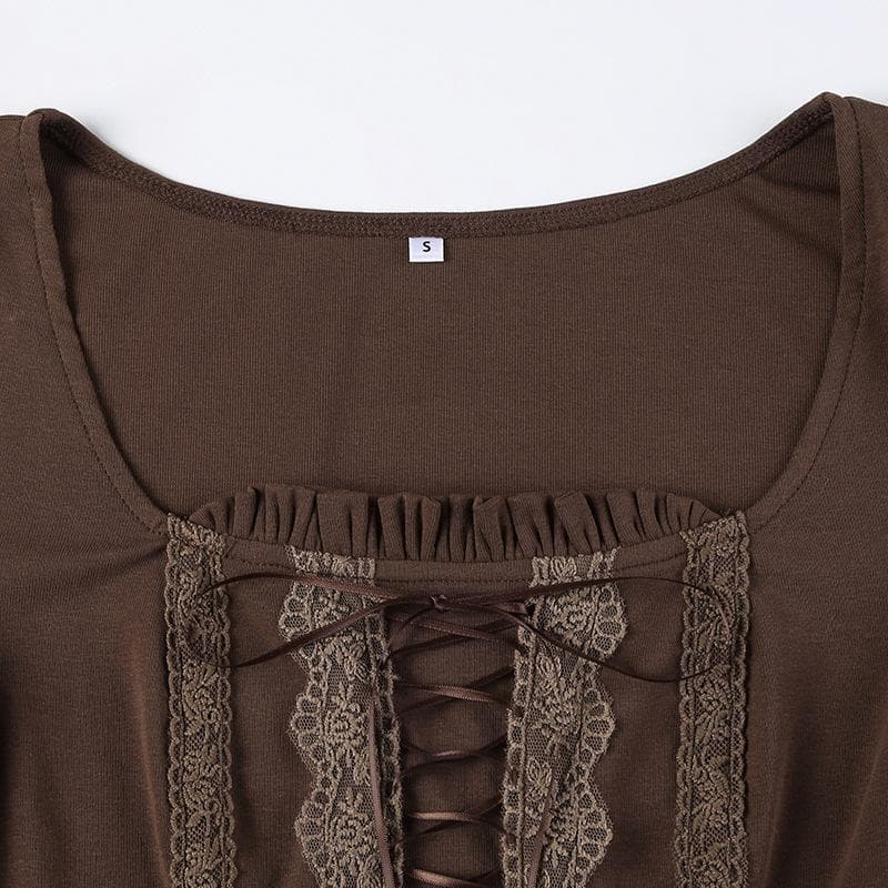 Lace up long flared sleeve ruched lace hem ruffle crop top