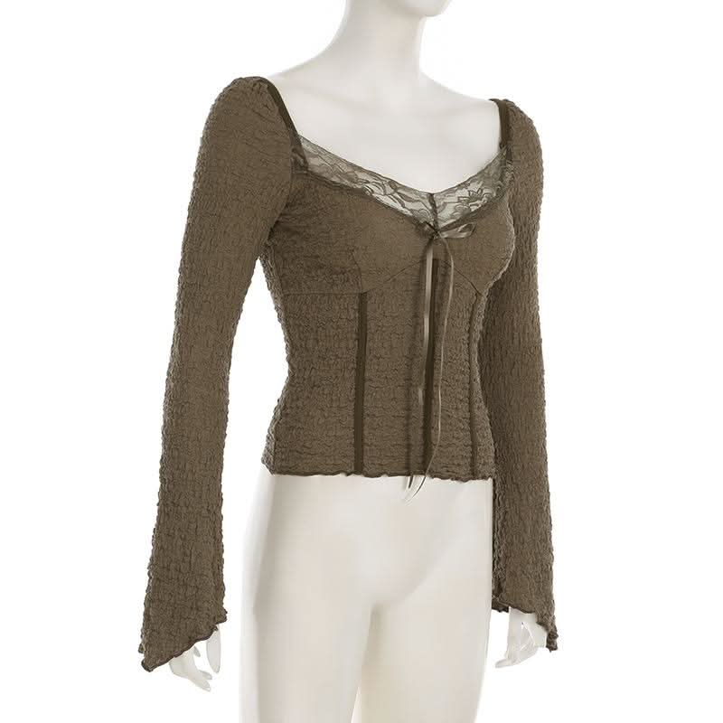Long sleeve textured bowknot lace hem top