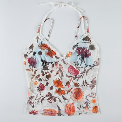 Halter contrast bowknot mesh top