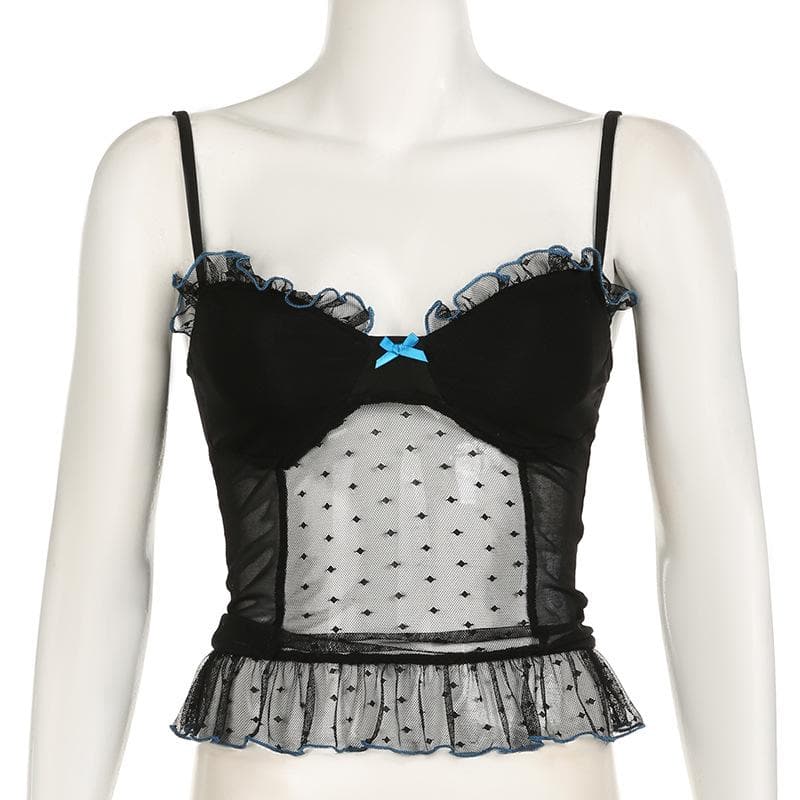 V neck polka dot bowknot mesh ruffle cami top