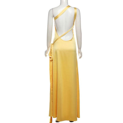 One shoulder satin backless knotted maxi dress