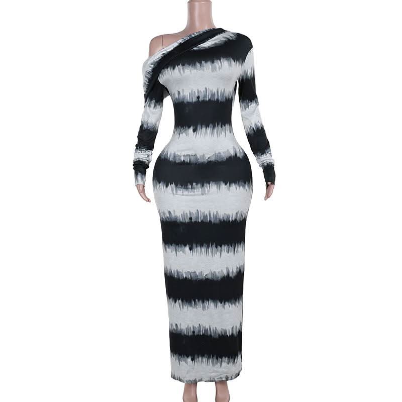 Irregular long sleeve one shoulder striped maxi dress