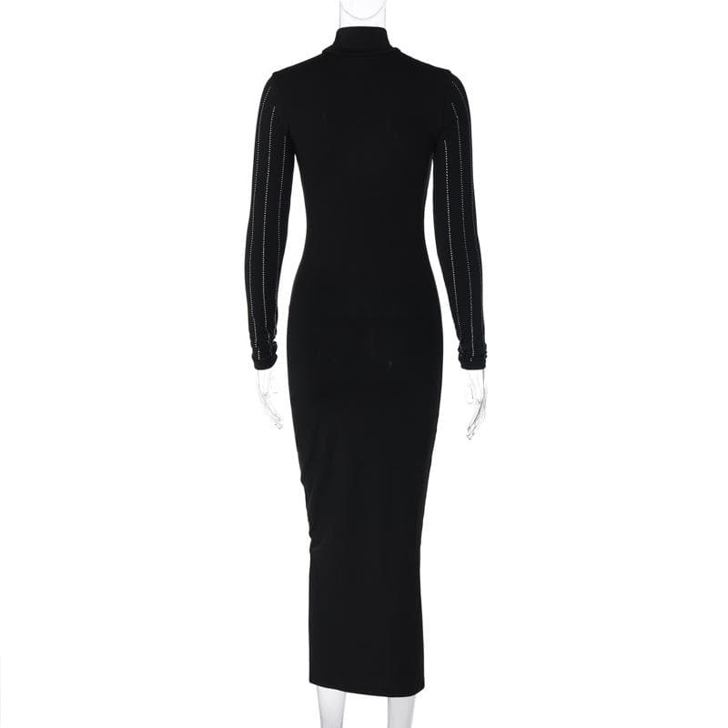 Mock Neck Long Sleeve Rhinestone Pinstripe Bodycon Midi Dress