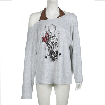 Halter off shoulder long sleeve abstract print top