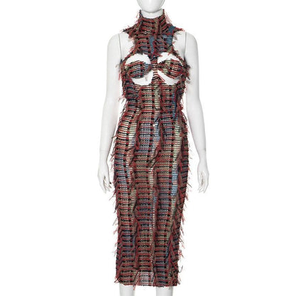 High neck hollow out mesh backless cut out midi dress
