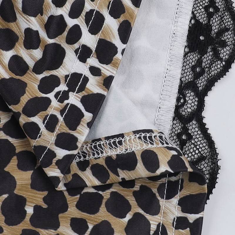 Leopard print lace hem hollow out v neck cut out top
