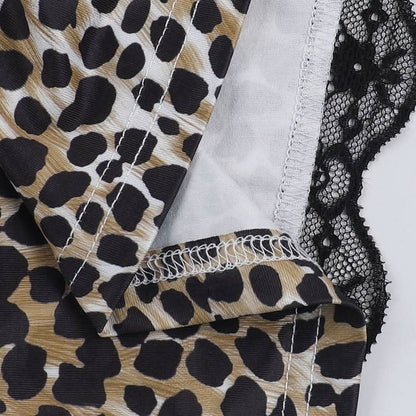 Leopard print lace hem hollow out v neck cut out top