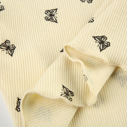 Short sleeve cat print ruffle crop top