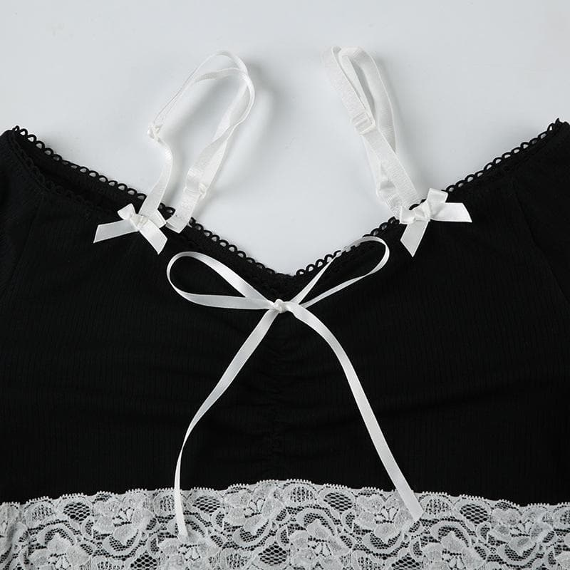 Off shoulder long sleeve lace hem bowknot top