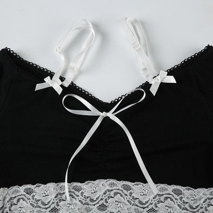 Off shoulder long sleeve lace hem bowknot top