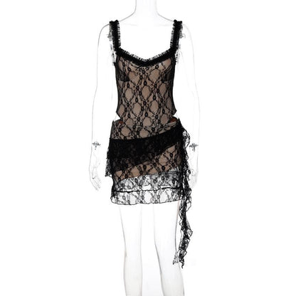 Lace ruffle ruched hollow out cami cut out mini dress