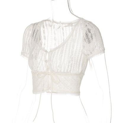 Short sleeve button lace see through crop top