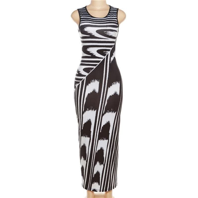 Striped contrast sleeveless round neck maxi dress-final-sale