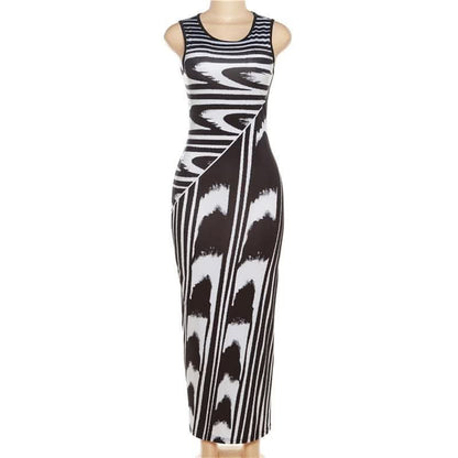 Striped contrast sleeveless round neck maxi dress-final-sale