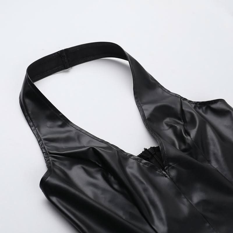 Halter v neck PU leather zip-up button mini dress