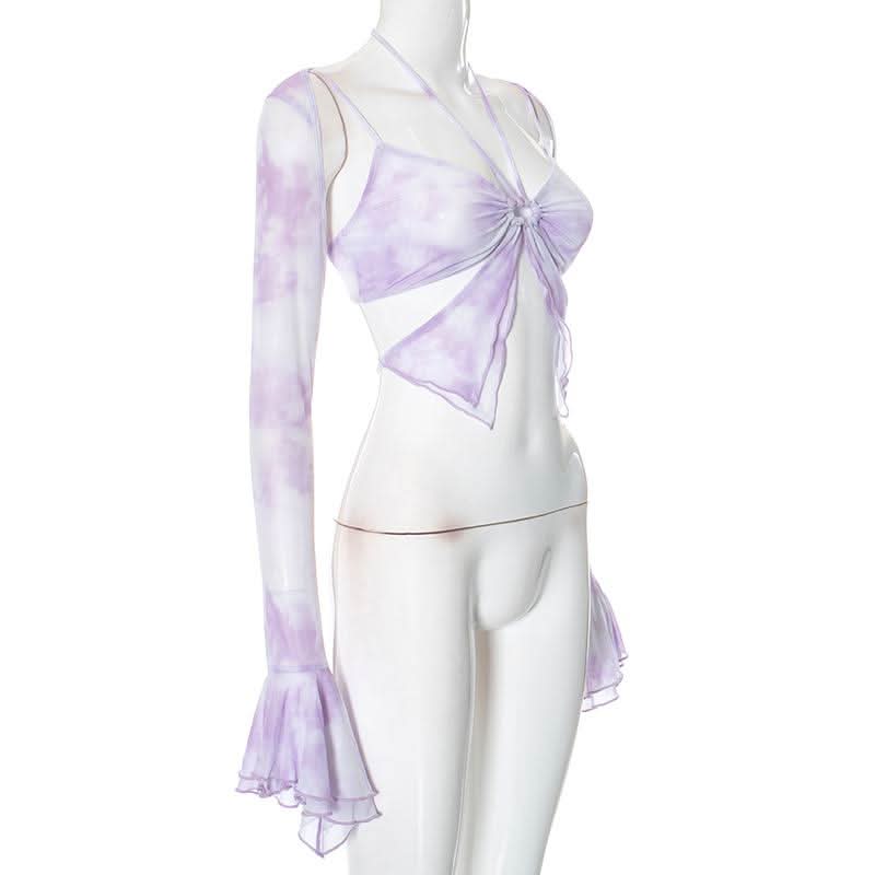 Long flared sleeve halter ruffle hollow out print cut out top