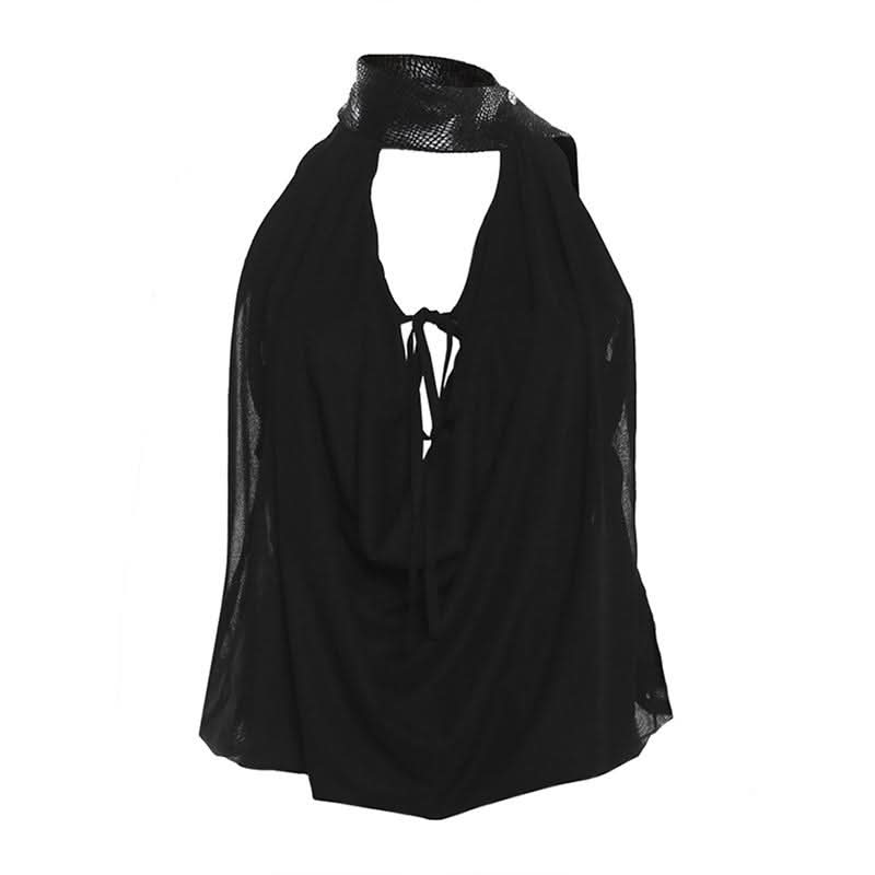 Halter button self tie backless cowl neck solid top