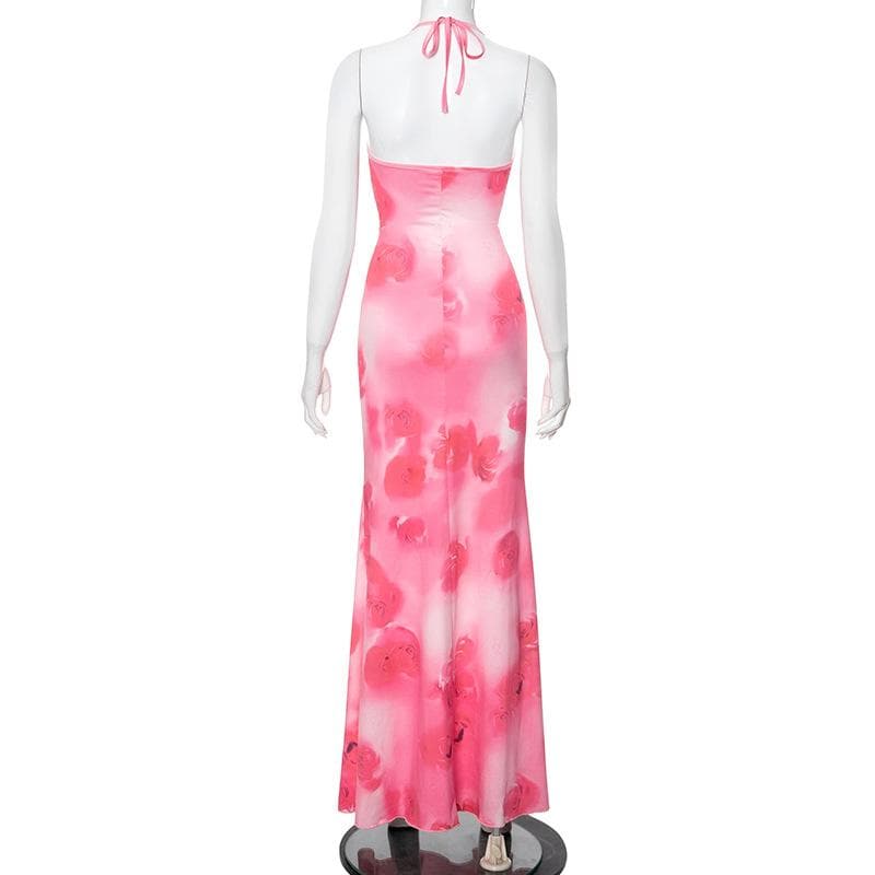 Halter rose print u neck backless self tie maxi dress
