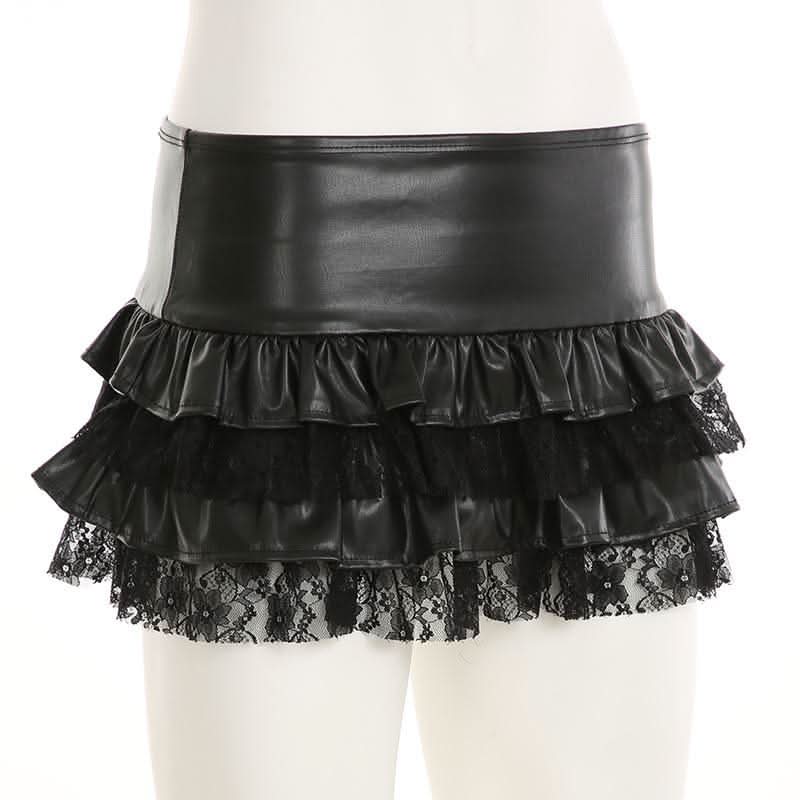PU leather lace patchwork ruched mini skirt-final-sale