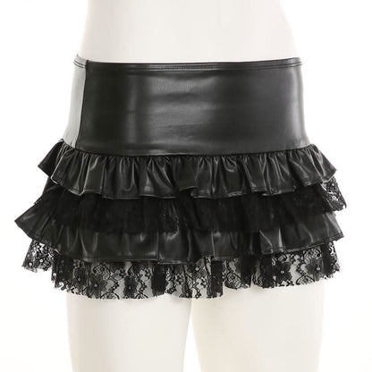 PU leather lace patchwork ruched mini skirt-final-sale