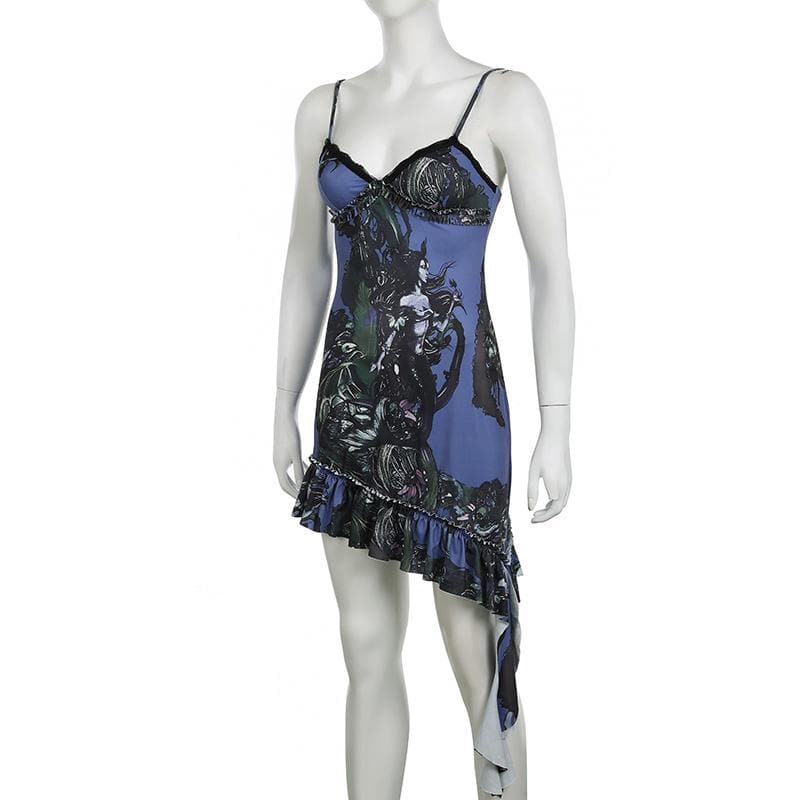 Lace hem v neck print backless cami mini dress