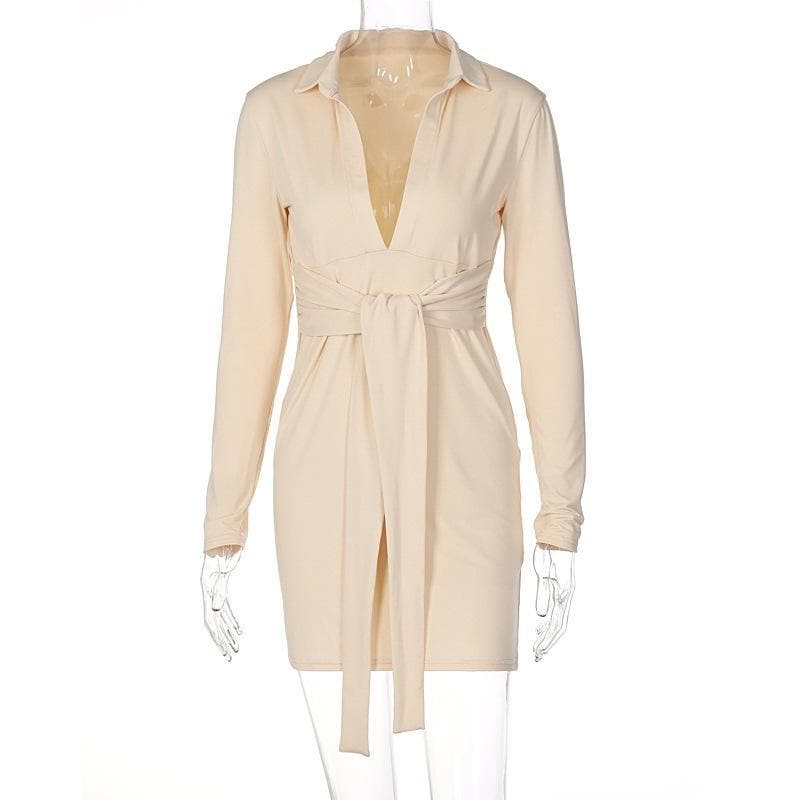 Deep V Neck Collar Tie Waist Long Sleeve Mini Dress