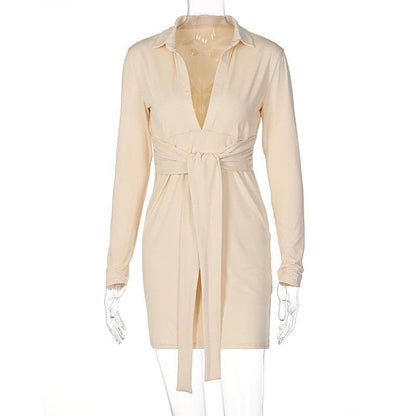 Deep V Neck Collar Tie Waist Long Sleeve Mini Dress