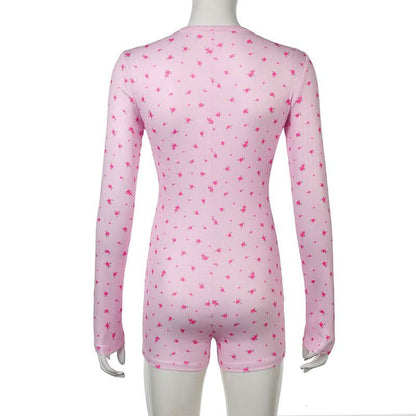 Long sleeve crewneck button flower print romper