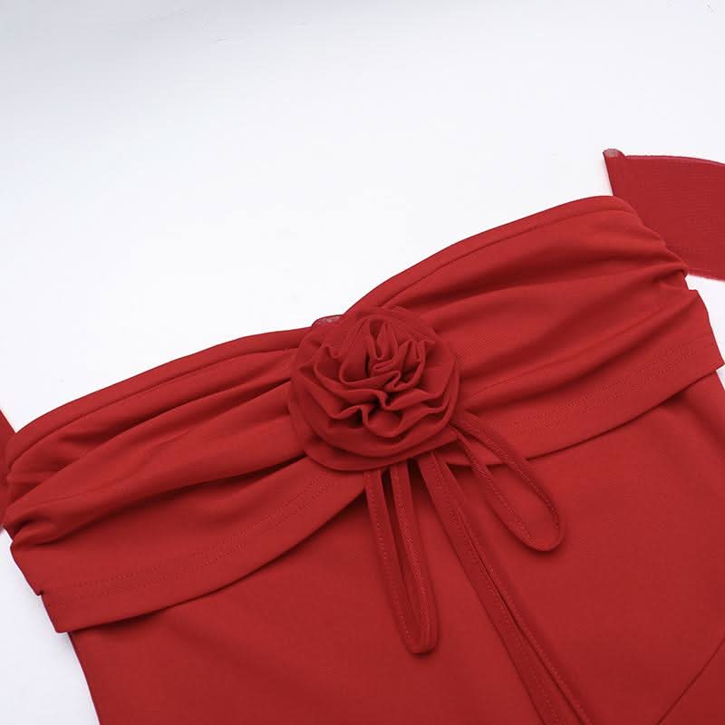 Ruched flower applique slit ruffle maxi dress