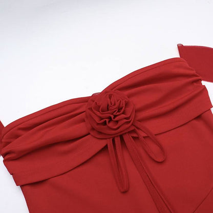 Ruched flower applique slit ruffle maxi dress