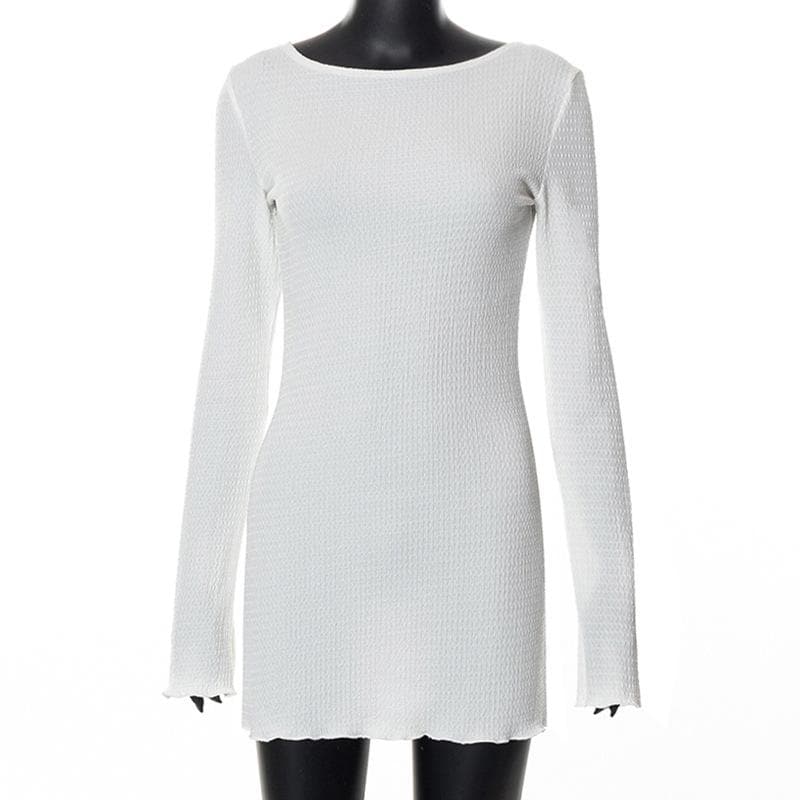 Boat Neck Long Sleeve Crinkled Texture Self Tie Backless Mini Dress