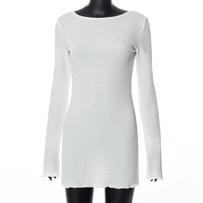 Boat Neck Long Sleeve Crinkled Texture Self Tie Backless Mini Dress