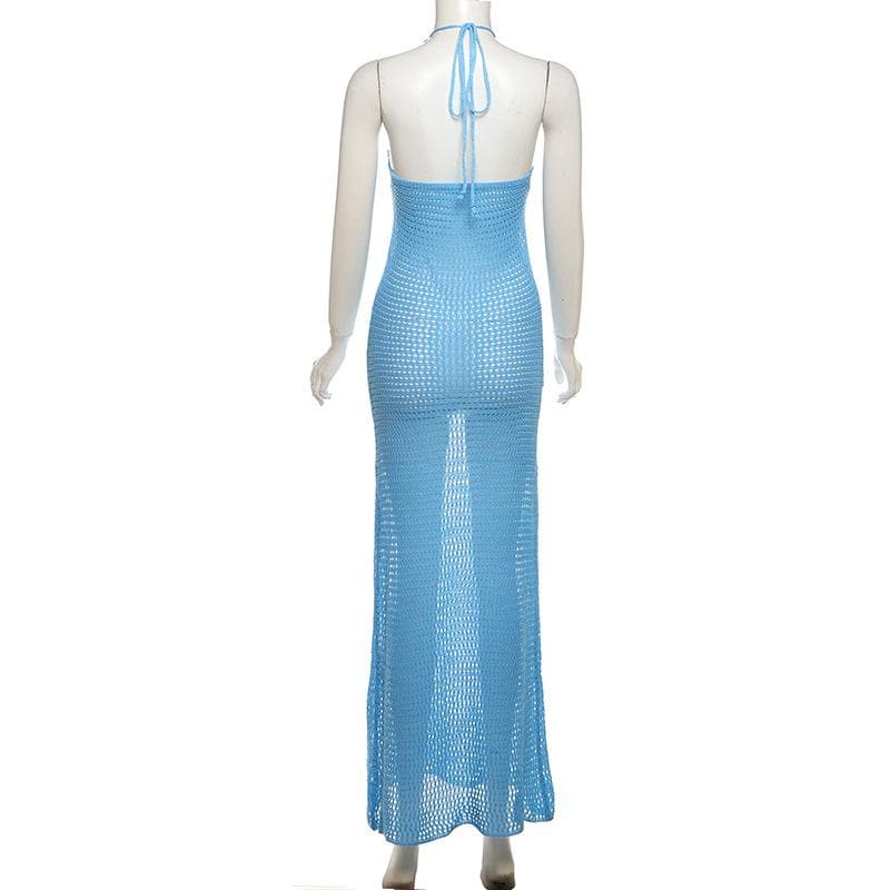 Halter knitted flower pattern see through maxi dress-final-sale